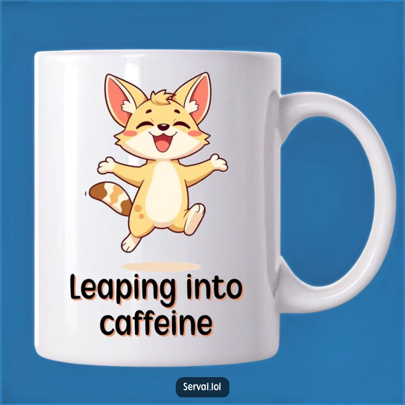 Funny Kawaii Serval Leap Mug: Energetic Cat Character, Perfect Joyful Gift Idea