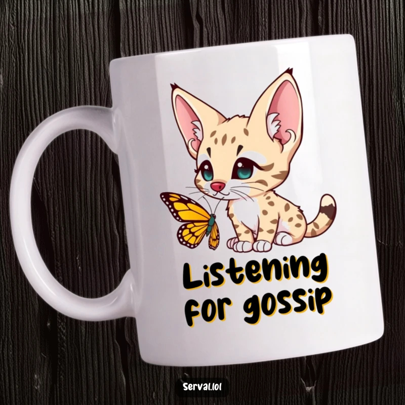Funny serval character mug, with large ears perked attentively, looking with gentle curiosity at an enchanting butterfly.