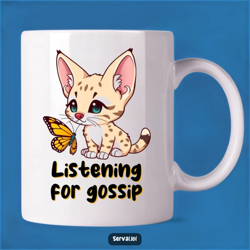 Funny Serval Butterfly Curiosity Mug - Enchanting Feline Wonder Gift