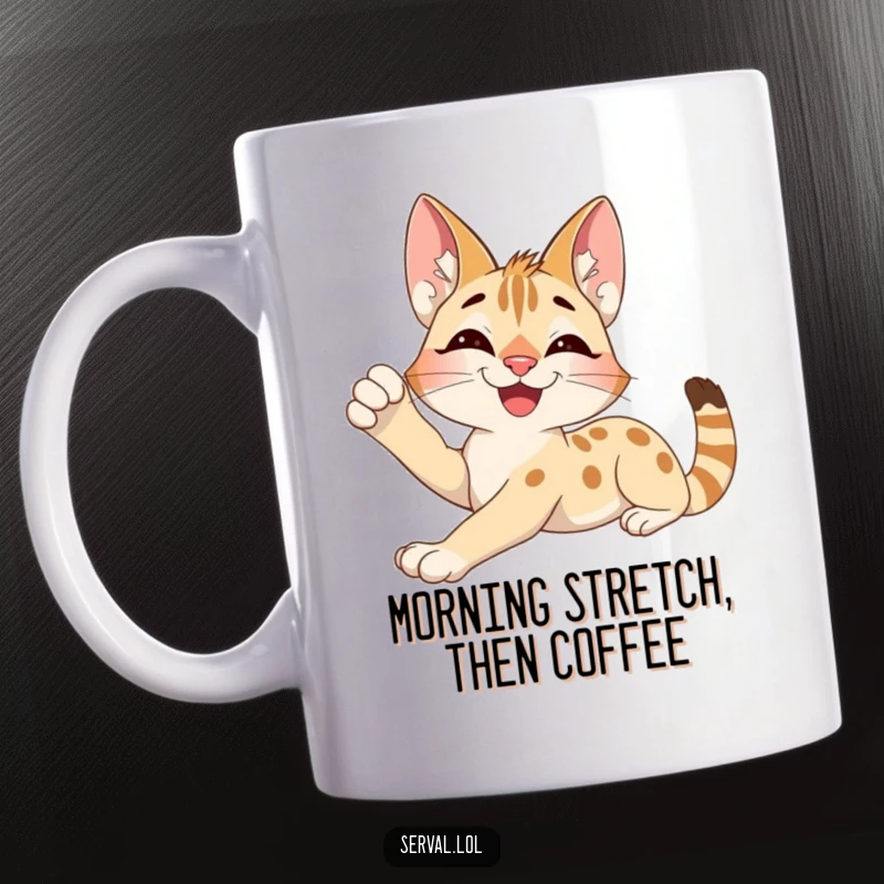 Funny Serval Mug: An excited serval character stretching languidly with a peaceful, contented smile.