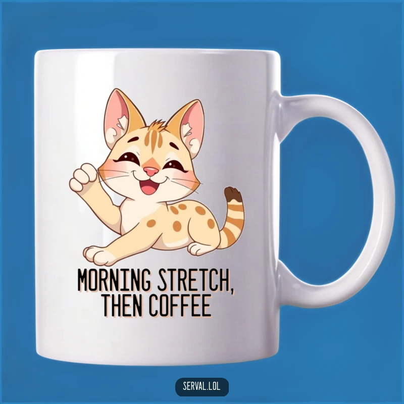 Funny Serval Stretch Mug: Excited Feline Relaxation Gift