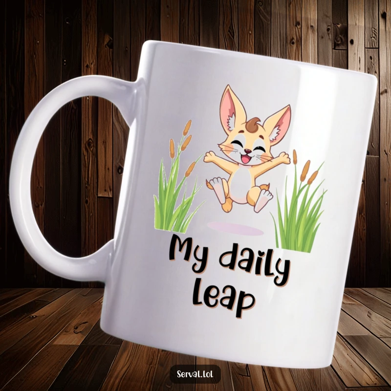 Funny serval character mug, joyfully leaping with abandon through lush, tall green grass, radiating pure exhilaration.