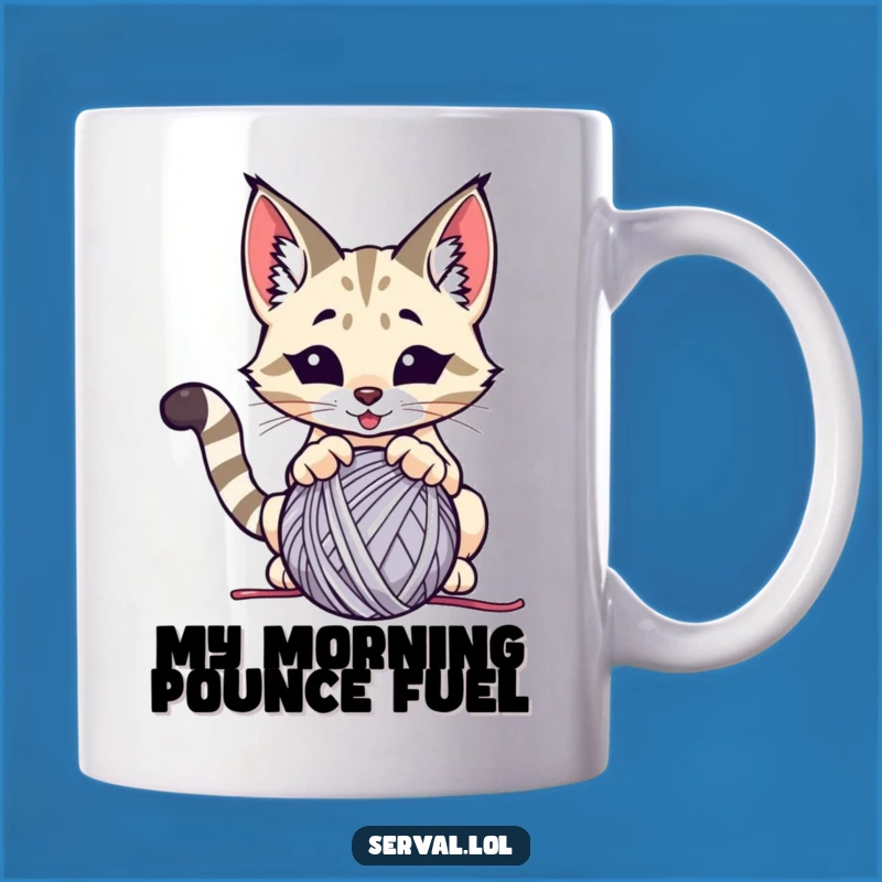 Funny Serval Pounce Mug: Playful Cat Toying with Yarn, Perfect Funny Gift