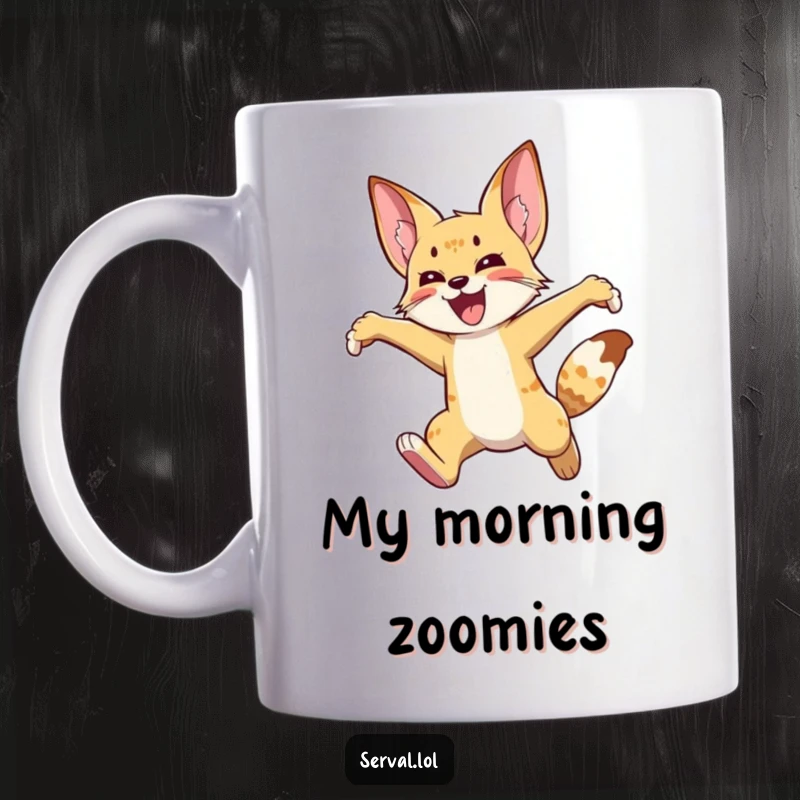 Funny serval mug showing a wild cat leaping exuberantly high in the air, expressing pure joy and feline athleticism.