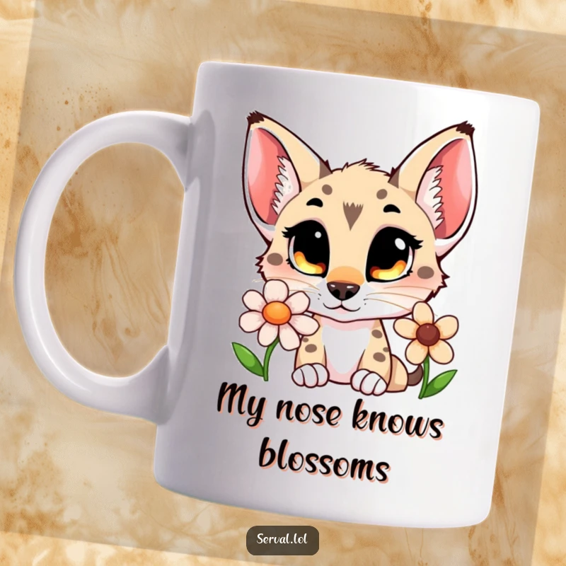 Funny serval mug with wide, curious eyes smelling a vibrant flower, embodying gentle exploration and floral delight.
