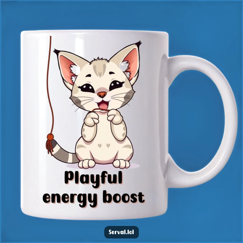 Funny Serval Playtime Mug: Energetic Wild Cat Toying With String Is A Hilarious Gift