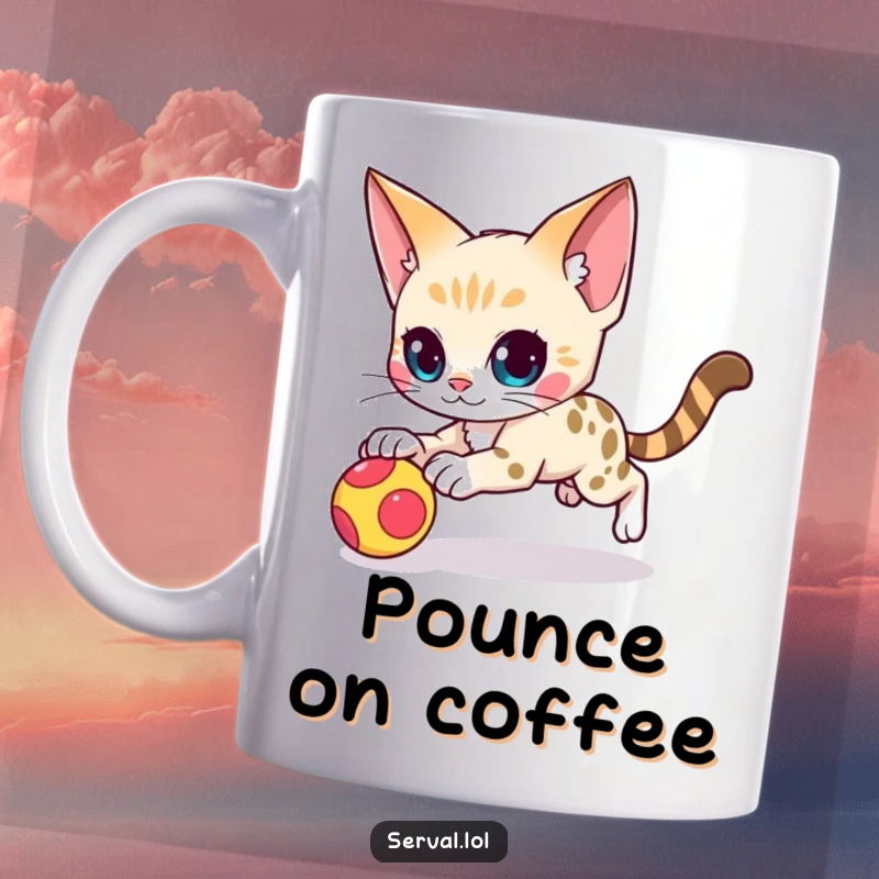 Funny serval cat character mug showing an agile serval cat mid-pounce on a toy, full of hunting focus and playful energy.