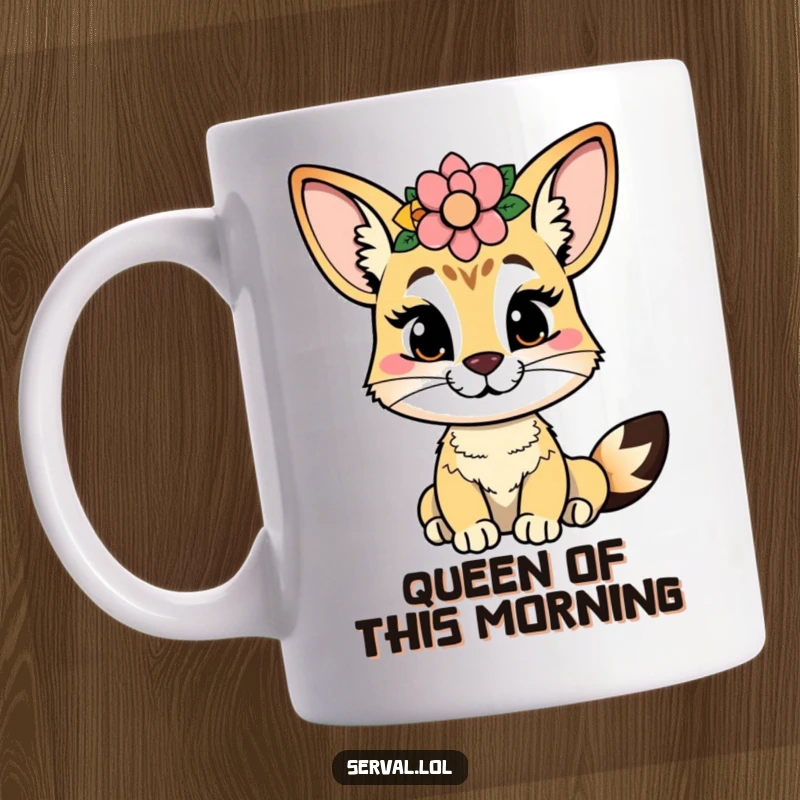 Funny serval mug with a cheeky grin, a serval wearing a vibrant flower crown, exuding playful charm.