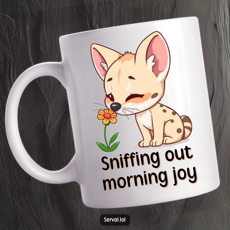 Funny Serval Mug: A curious serval delights in sniffing a small, colorful flower, embodying joy and nature's beauty.
