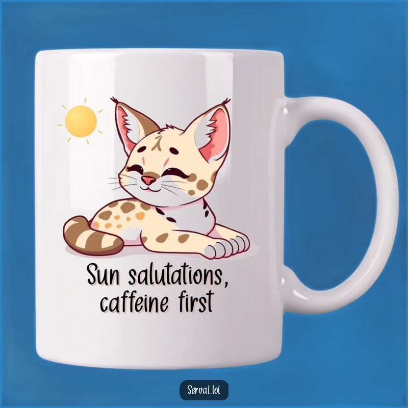 Funny Serval Morning Stretch Mug: Relaxing Feline Bliss, Perfect Funny Gift for Slow Mornings