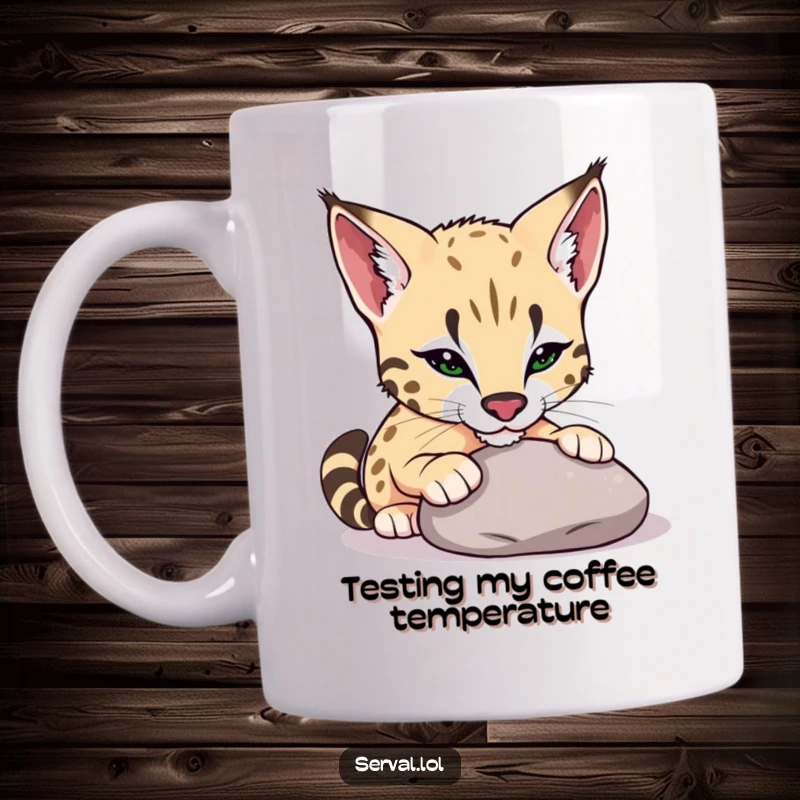 Funny serval mug showing a serval gently nudging a smooth pebble with its nose, showcasing playful curiosity and innocence.