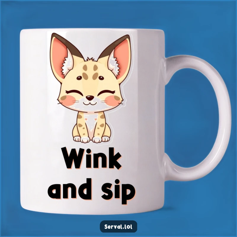 Funny Serval Mug - Winking Spotted Ears, Perfect Cheeky Humorous Gift