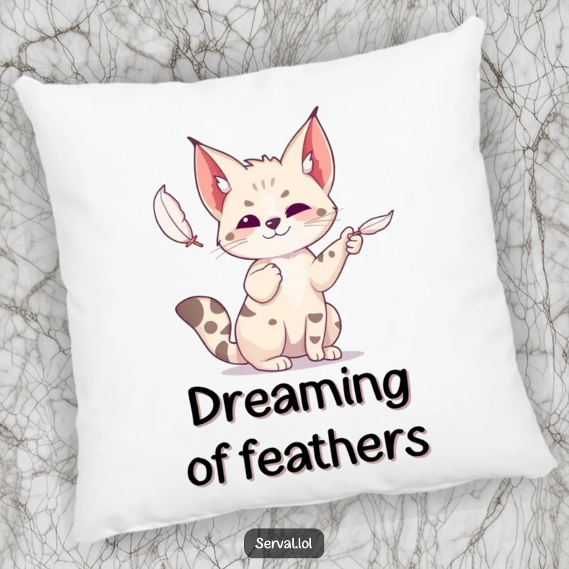 Funny serval pillow depicting a wild cat playfully batting at a feather, adding a touch of whimsical fun to any room.