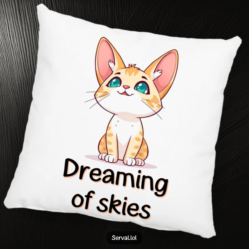 Funny serval cat character pillow featuring a serval cat gazing expectantly at the sky, perfect for adding a touch of calm wonder.