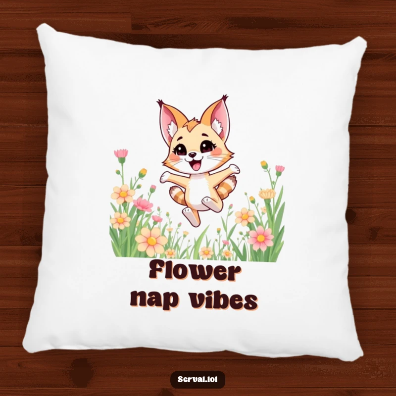Funny kawaii serval cat joyfully bounding through tall flowers, printed on a soft and decorative pillow.
