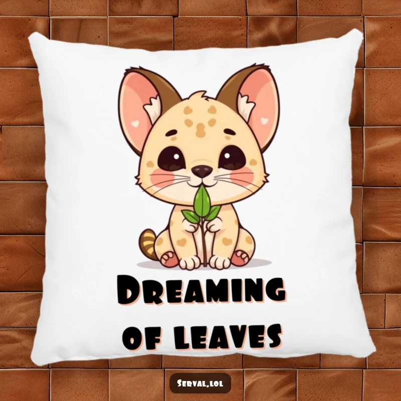 Funny kawaii serval cat balancing a small leaf on its nose, printed on a soft and decorative pillow.