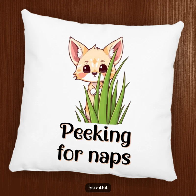 Funny kawaii serval cat peeking over grass, soft decorative pillow, cute jungle animal accent, a funny gift.