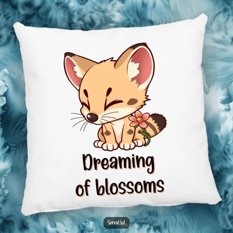 Funny Serval Pillow featuring a curious serval sniffing a colorful flower with delight, perfect for adding cozy charm.