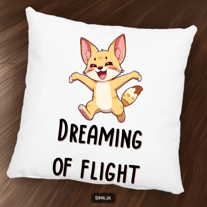 Funny serval pillow depicting a wild cat leaping high in the air with joy, adding a touch of playful energy to decor.
