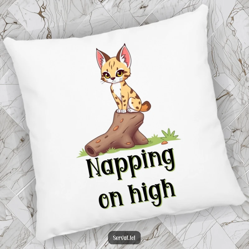 Funny serval pillow showing a serval with a focused gaze, delicately balancing on a fallen log, designed for comfort and humorous inspiration.