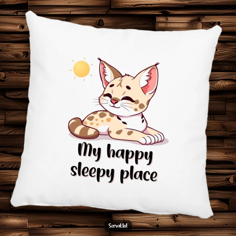 Funny serval pillow showing a serval blissfully stretching in the morning light, emitting a gentle, contented sigh of pure relaxation.