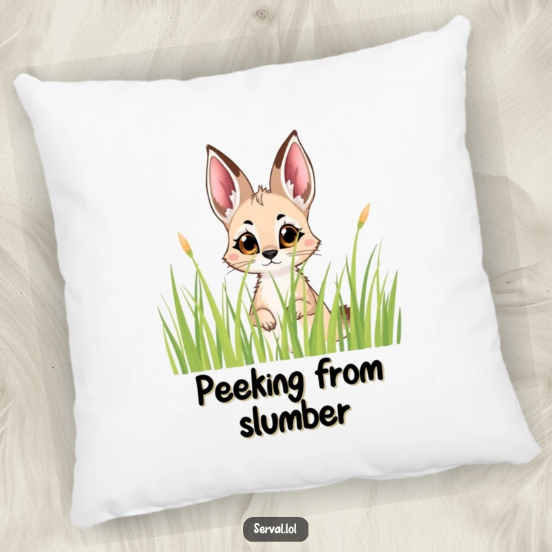 Funny Serval Peek Pillow: A plush pillow featuring a serval peeking with curious eyes from grass, offering mysterious comfort and humor.