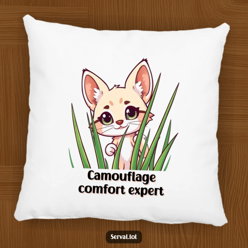 Funny Serval Pillow: A cute serval peeks with wide eyes from behind grass, adding a touch of humor and warmth.
