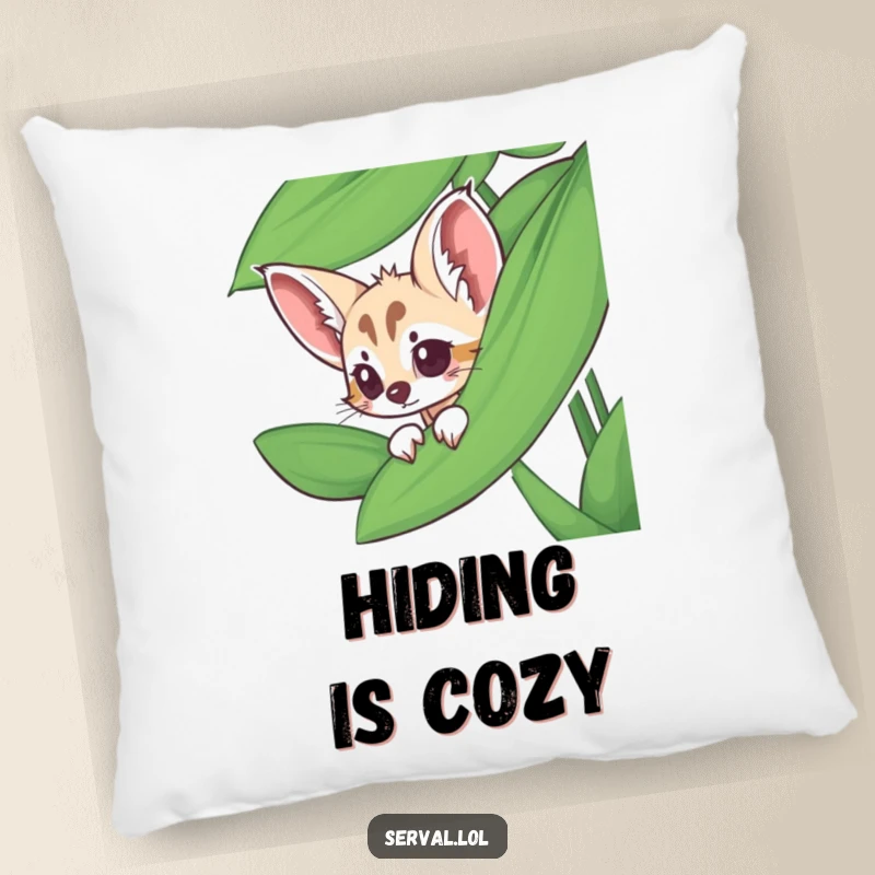Funny serval pillow featuring a serval peeking from behind a large jungle leaf, adding comfort and charm.