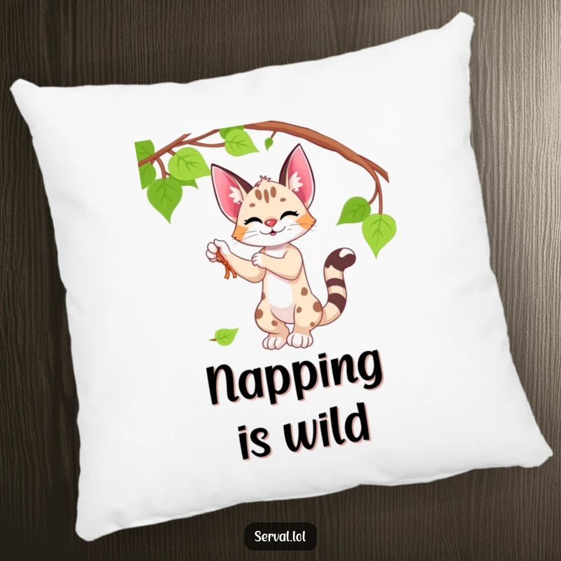 Funny serval pillow featuring a serval character playfully batting at a vine, adding softness and charm.