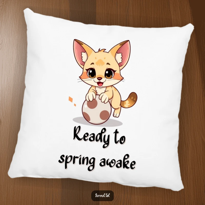 Funny serval pillow showing a cat in a comical pounce on a rolling ball, offering comfort and playful vibes.