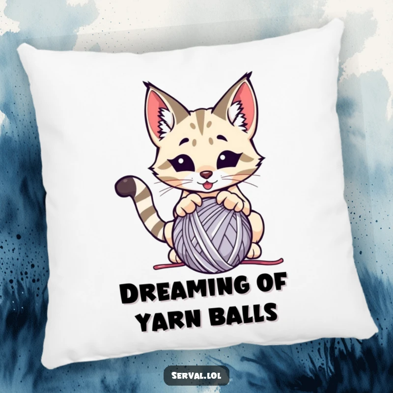 Funny serval pillow, a wild cat playfully pouncing on a ball of yarn, offering comfort and a touch of humor.