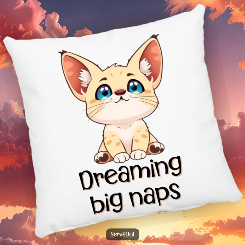 Funny serval pillow featuring a serval with bright eyes looking up at the sky, designed for cozy contemplation and whimsical decor.