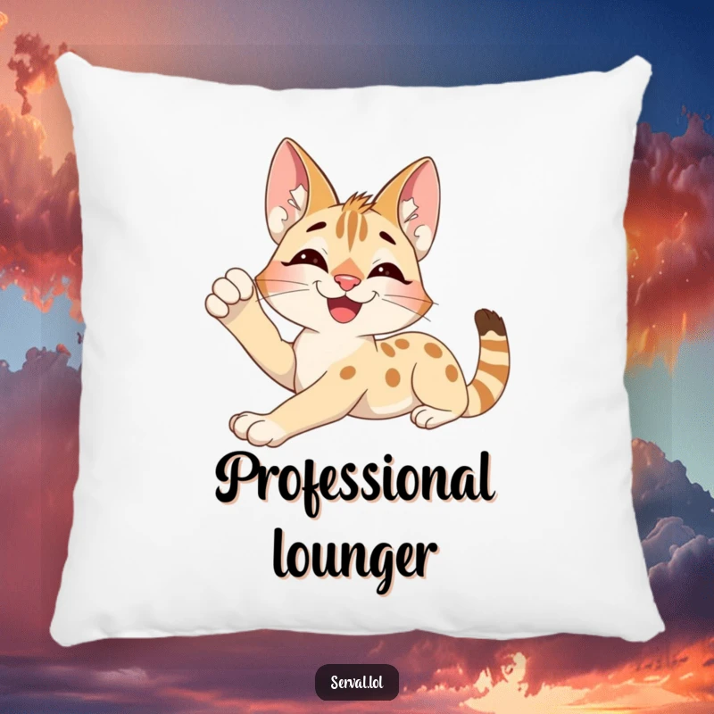 Funny Serval Pillow: An excited serval character stretching with a contented smile, offering comfort and humor.