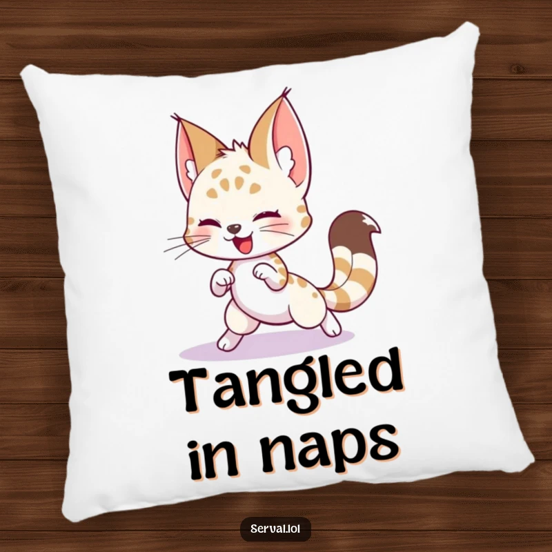 Funny Serval Pillow: A playful serval character hilariously chasing its tail, adding comfort and humor.