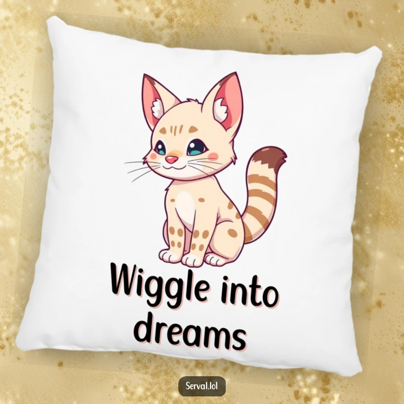 Funny pillow featuring a serval doing a silly tail wiggle, adding playful feline humor to decor.