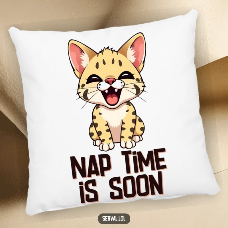 Funny Serval Yawn Pillow. A plush cushion featuring a serval cat yawning widely, displaying its tiny teeth, bringing sleepy humor to your decor.
