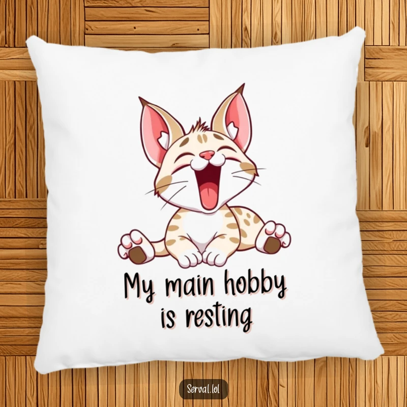 Funny pillow with a plush serval cat caught in a deep, happy yawn and stretch, perfect for adding comfort and humor.