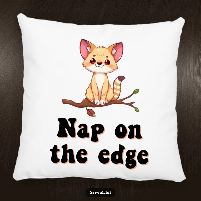 Funny serval pillow depicting a wild cat balancing on a thin branch, adding a comical touch to cozy home decor.