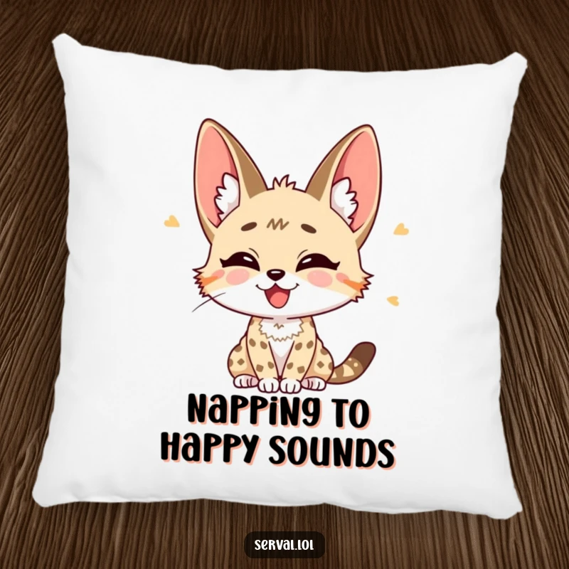 Funny Serval Pillow: A serval character listening intently with ears perked and a joyful expression, perfect for comfort.