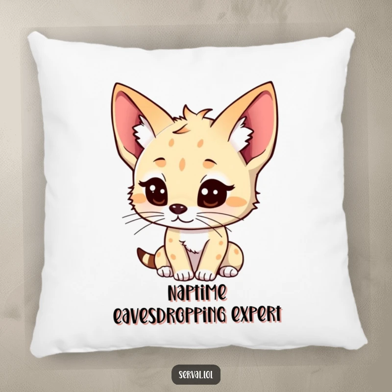 Funny kawaii serval pillow, cute serval character with perked ears, listening attentively, soft cushion, charming funny gift.