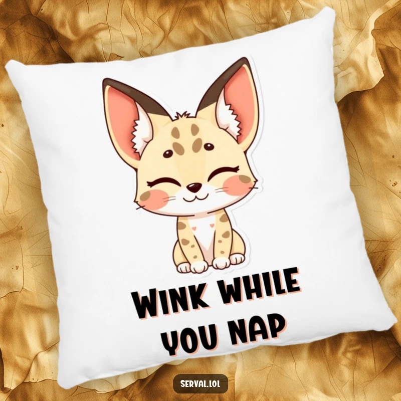 Funny serval pillow featuring a serval winking, its distinctive spotted ears adding a touch of playful charm.