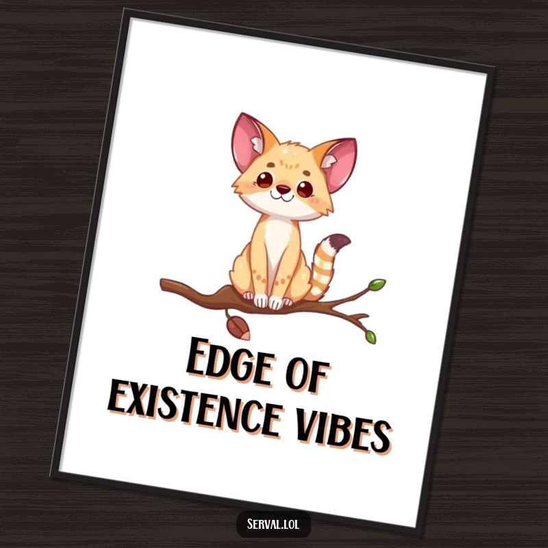 Funny serval digital art print of a wild cat balancing on a thin branch, offering instant humor and wild beauty.