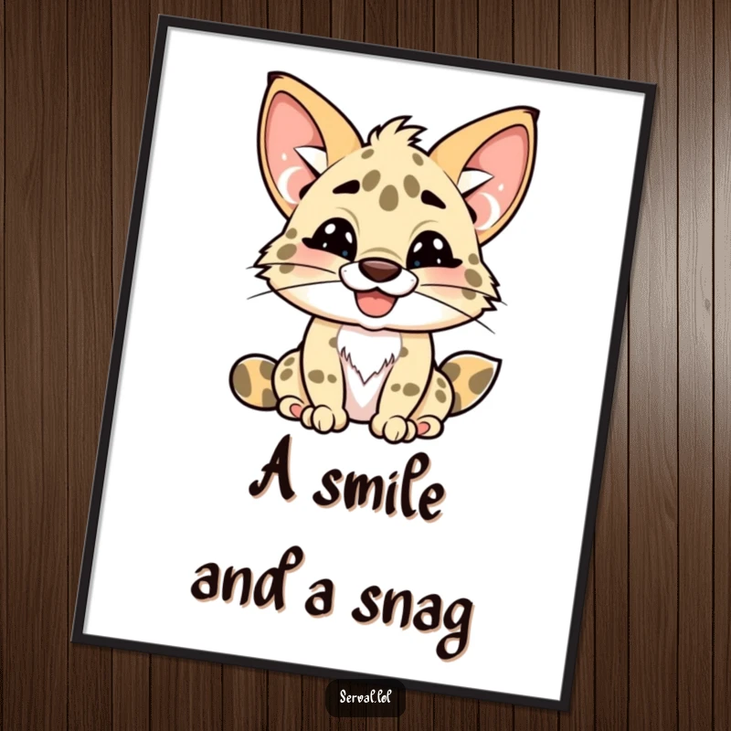 Funny kawaii serval digital art print, cute serval with a playful toothy grin, instant download, humorous funny gift.