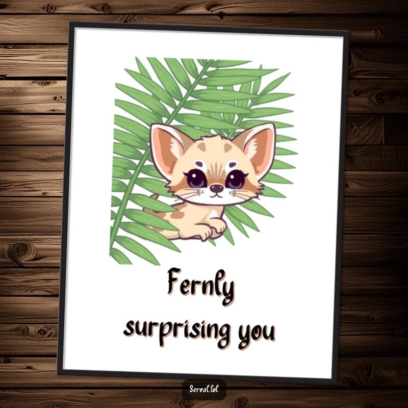 Funny kawaii serval cat peeking playfully from behind a large green fern frond, a humorous digital art print for instant joy.