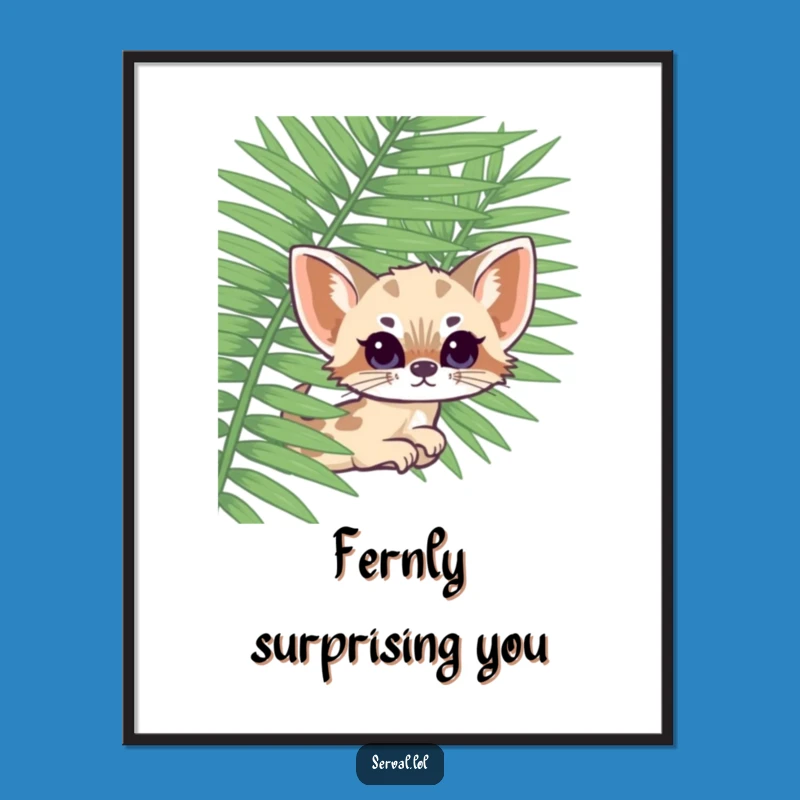 Funny Kawaii Serval Fern Peek Digital Print: Instant Cute Charm for Your Walls