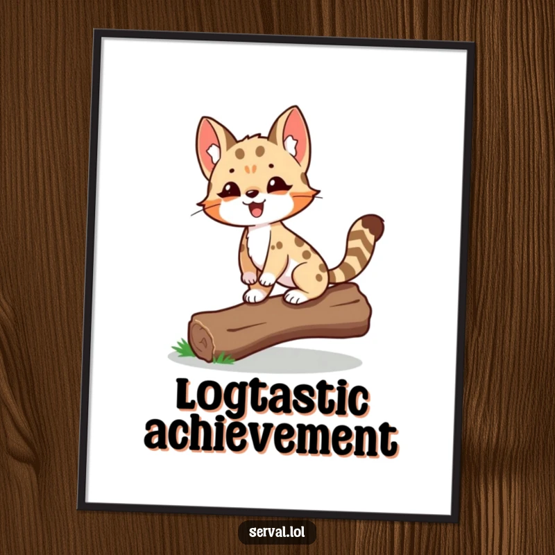 Funny Serval Digital Art Print of a delighted serval proudly balancing on a log, embodying skill and confidence.