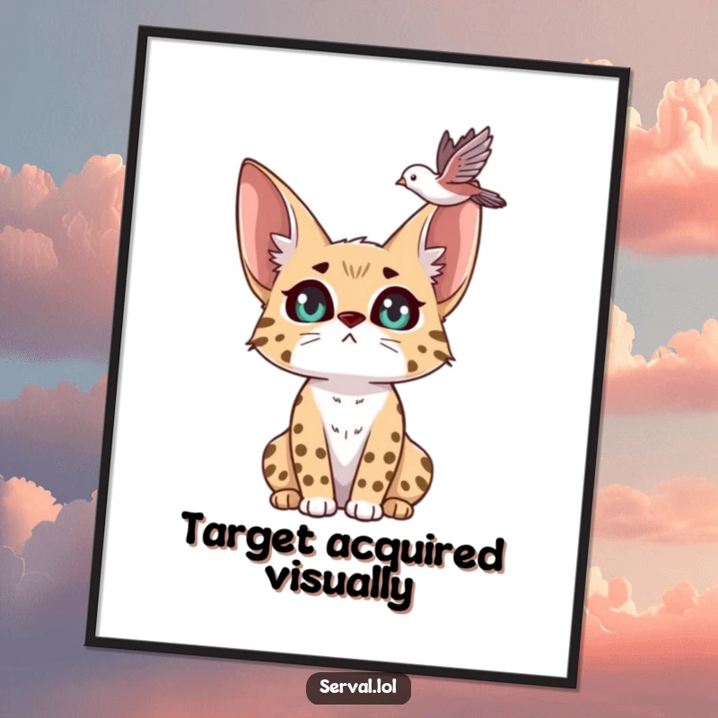 Funny serval digital art print of a serval with wide, expressive eyes, intently watching a bird in flight overhead, downloadable art.