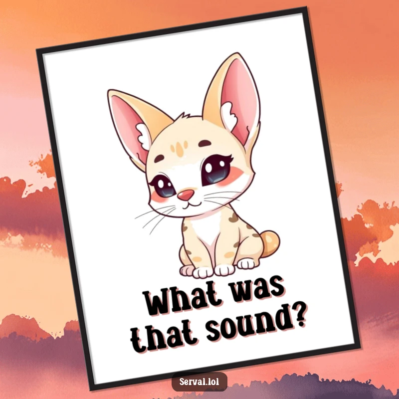 Funny serval digital art print, a wild cat with large ears curiously tilting its head, for charming decor.