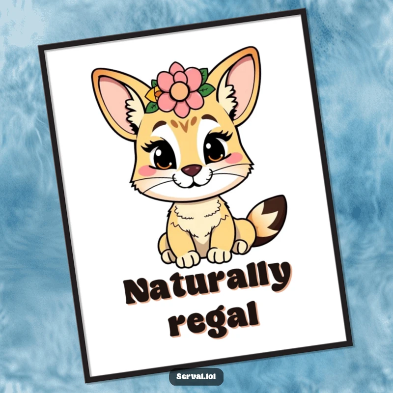 Funny serval digital art print of a cheeky serval wearing a flower crown, ideal for instant wall decor with charm.