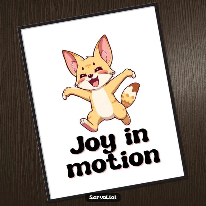 Funny serval digital art print of a wild cat leaping high in the air with joy, offering instant happiness and vibrant energy.